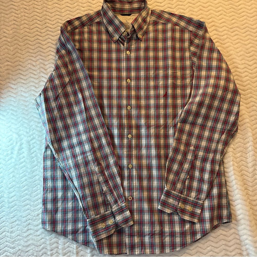 Vintage Nautica Mens Cotton Plaid Long Sleeve Shirt Standard Fit medium